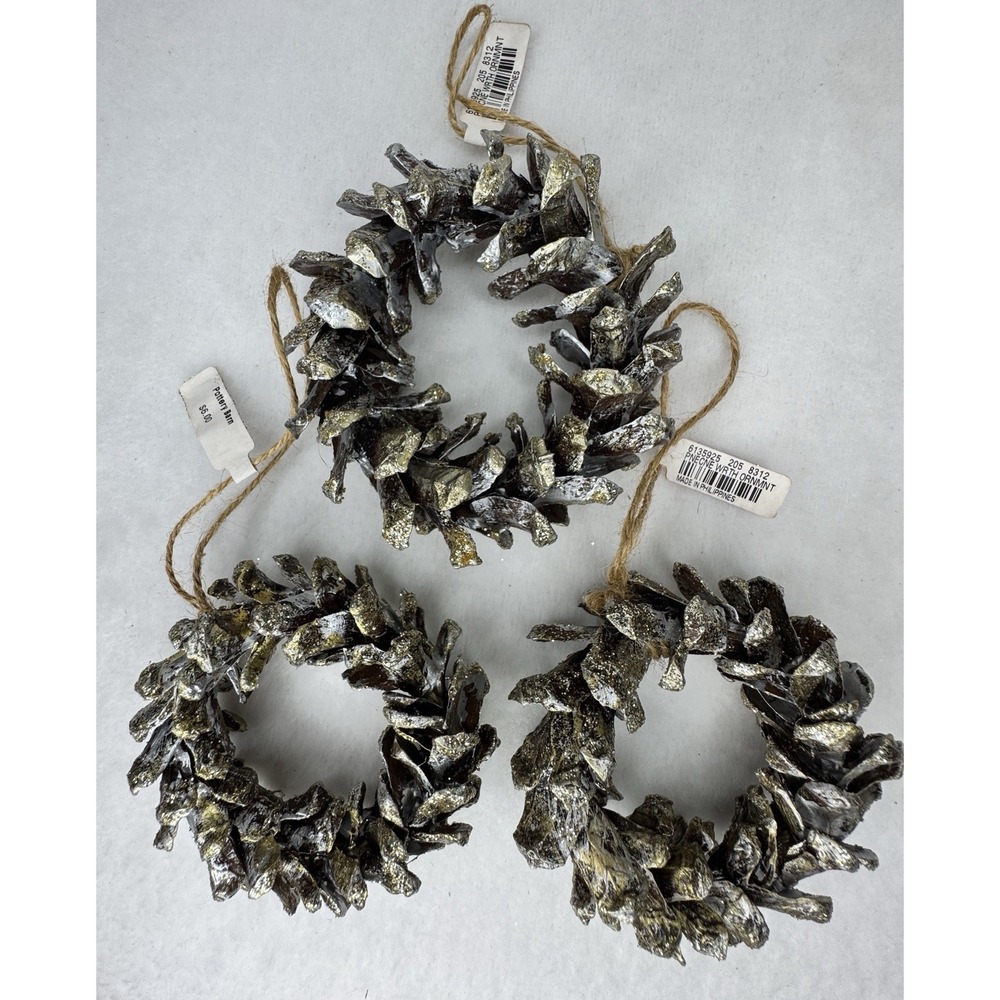 Vintage Pottery Barn Mini Pinecone Wreath Ornaments Set of 3 Gold Glitter